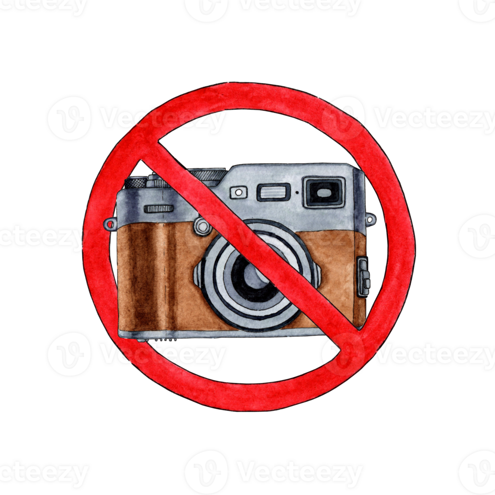 Watercolor illustration of a retro camera in a red prohibition circle. Prohibition of photography and video recording. Camera logos are prohibited. Isolated. Composition for design, banner, web, png