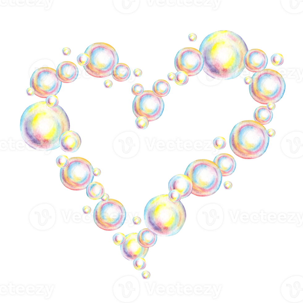 Watercolor illustration of heart-shaped frame with soap bubbles. Summer toy symbol, bath time, carnival, bubble party, soap making, hobby, bathroom, bubbles, foam, shampoo, cleaning, washing, hygiene png