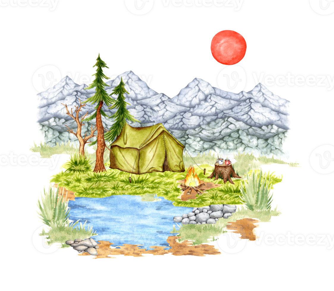 Set of watercolor illustrations of green alpine landscapes. Rocky mountain range natural element isolated. Background element for the design of gardens, landscapes, parks, forests png