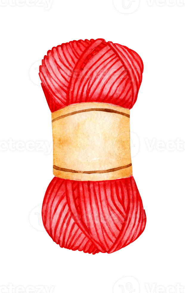 Watercolor illustration of a skein of red yarn. The wool is curled up into a ball. Smoothly wound threads. Knitting, needlework, creativity, tangle. Isolated. Drawn by hand. png