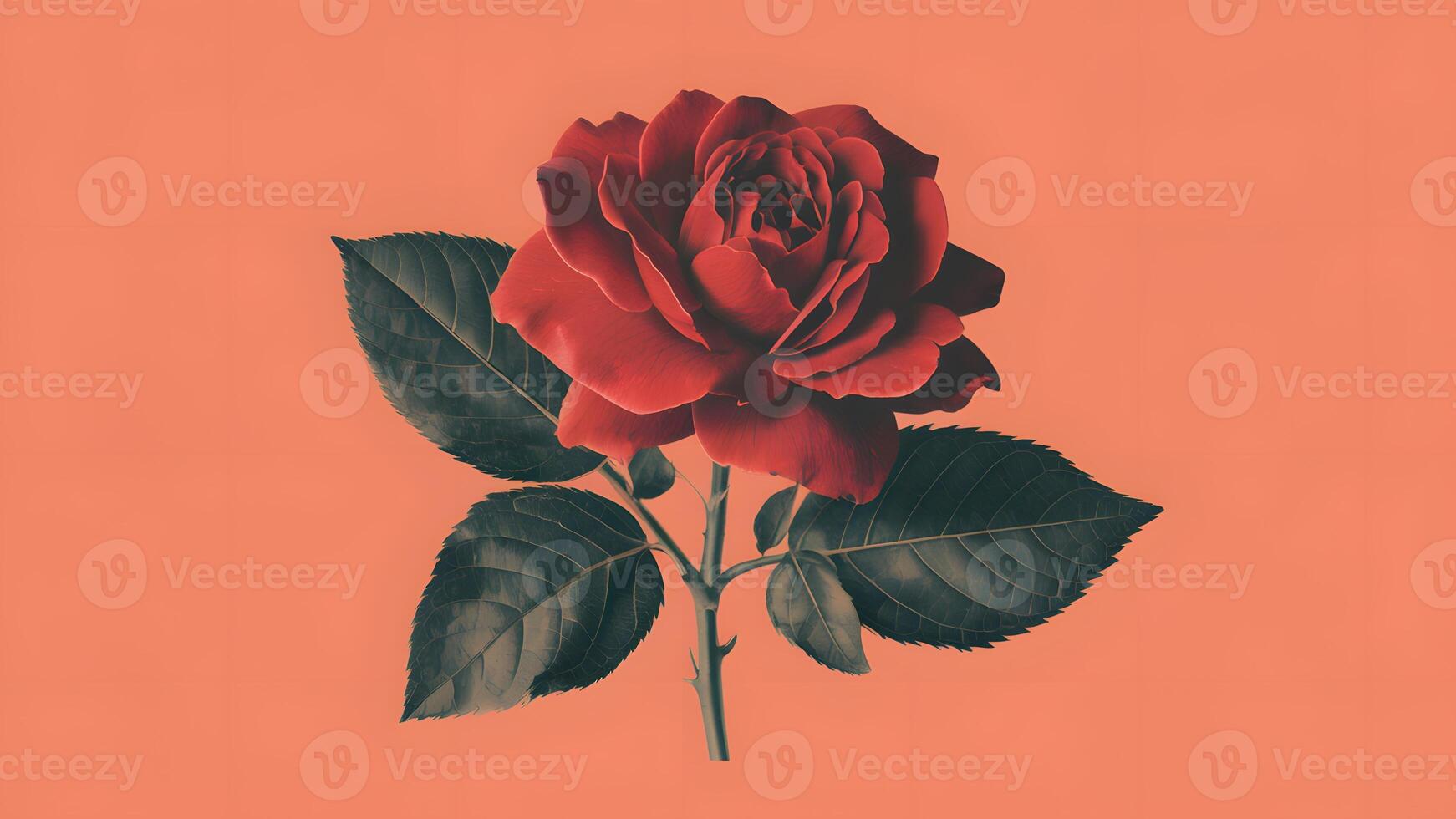 AI generated Single red rose flower and leaf isolated on white photo