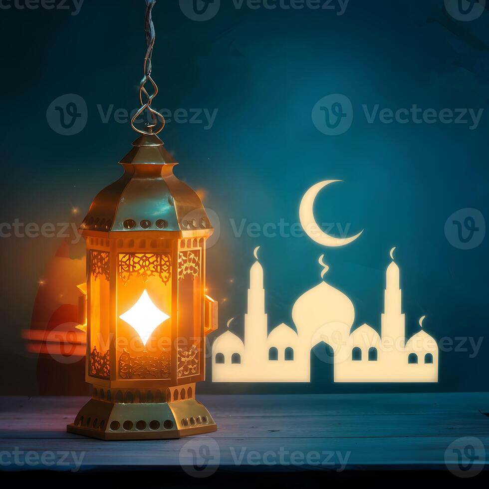 AI generated Islamic lantern shines with mosque blur, symbolizing Eid celebrations For Social Media Post Size photo