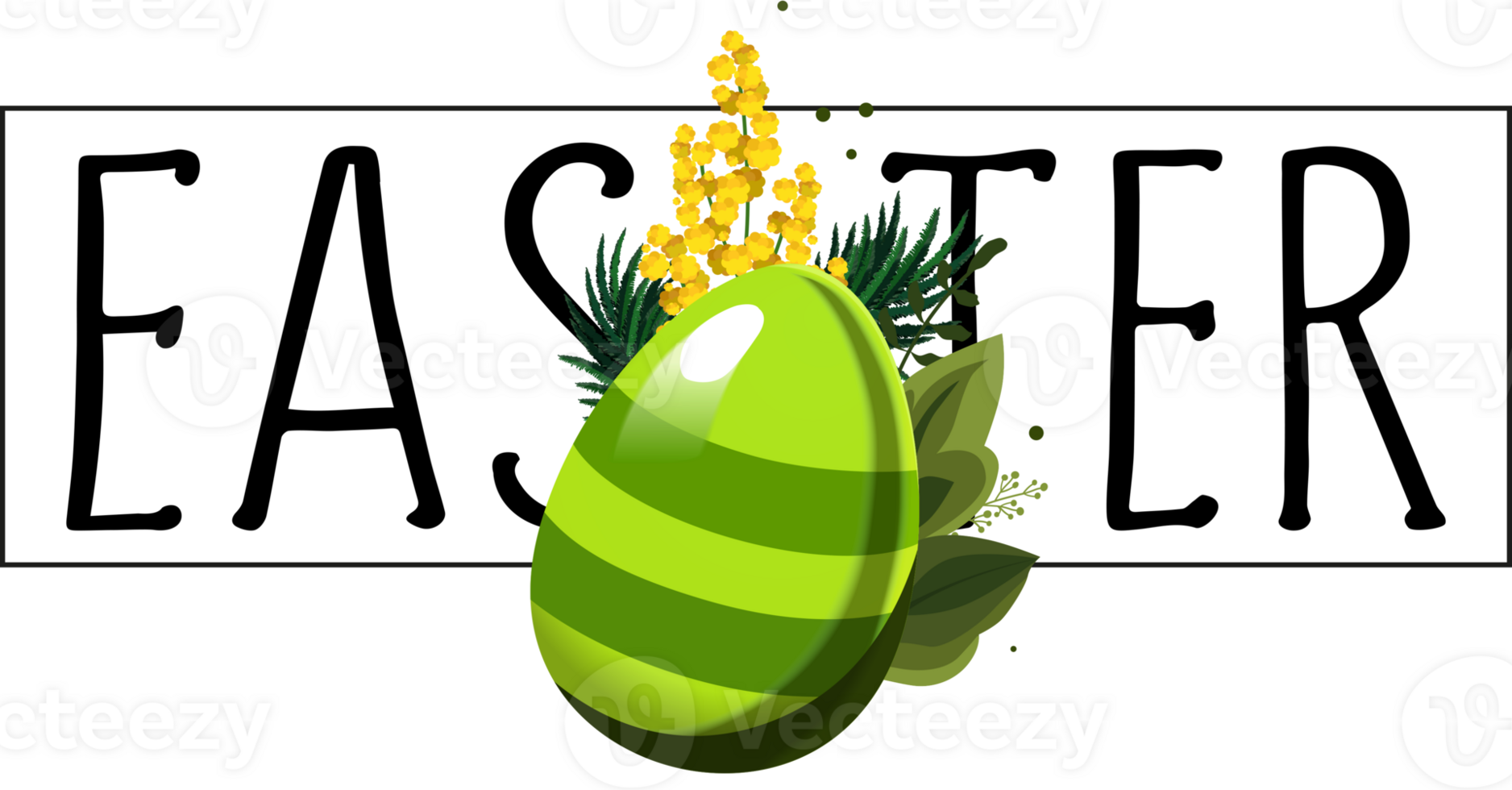 Spring green egg with the text Easter and with green leaves and mimosa on white background. Illustration in flat style. clipart for design of card, banner, flyer, sale, poster png