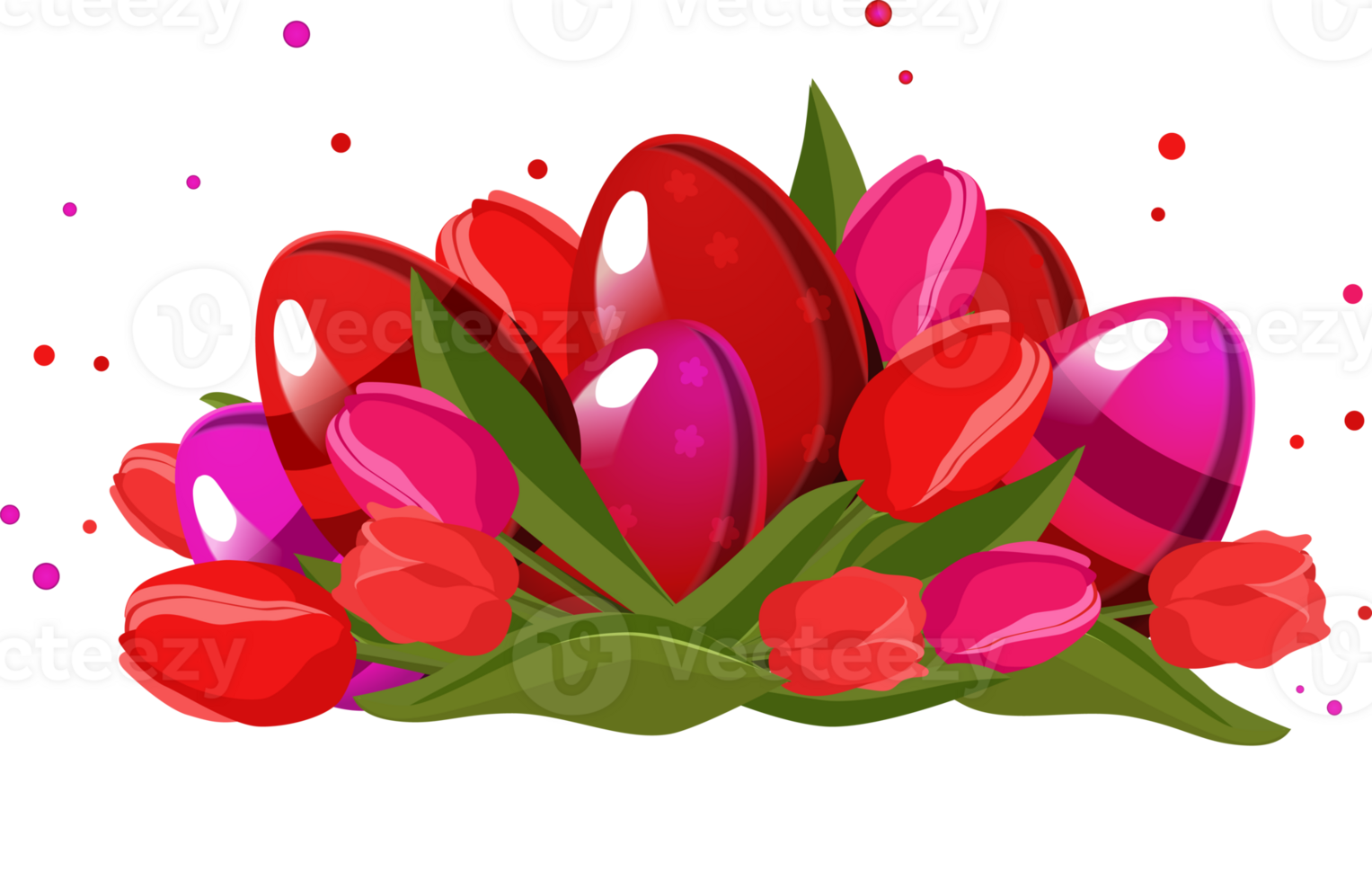 rosso rosa Pasqua a strisce uova con tulipani su bianca sfondo. illustrazione nel piatto stile. primavera vettore clipart per design di carta, striscione, volantino, saldi, manifesto, icone png
