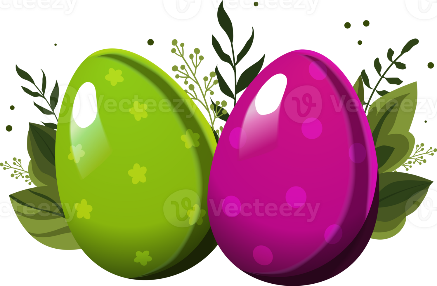 Green pink Easter eggs with polka dots with green leaves and branches on background. Illustration in flat style. Clipart for design of greeting card, holiday banner, flyer, sale, poster, icons png