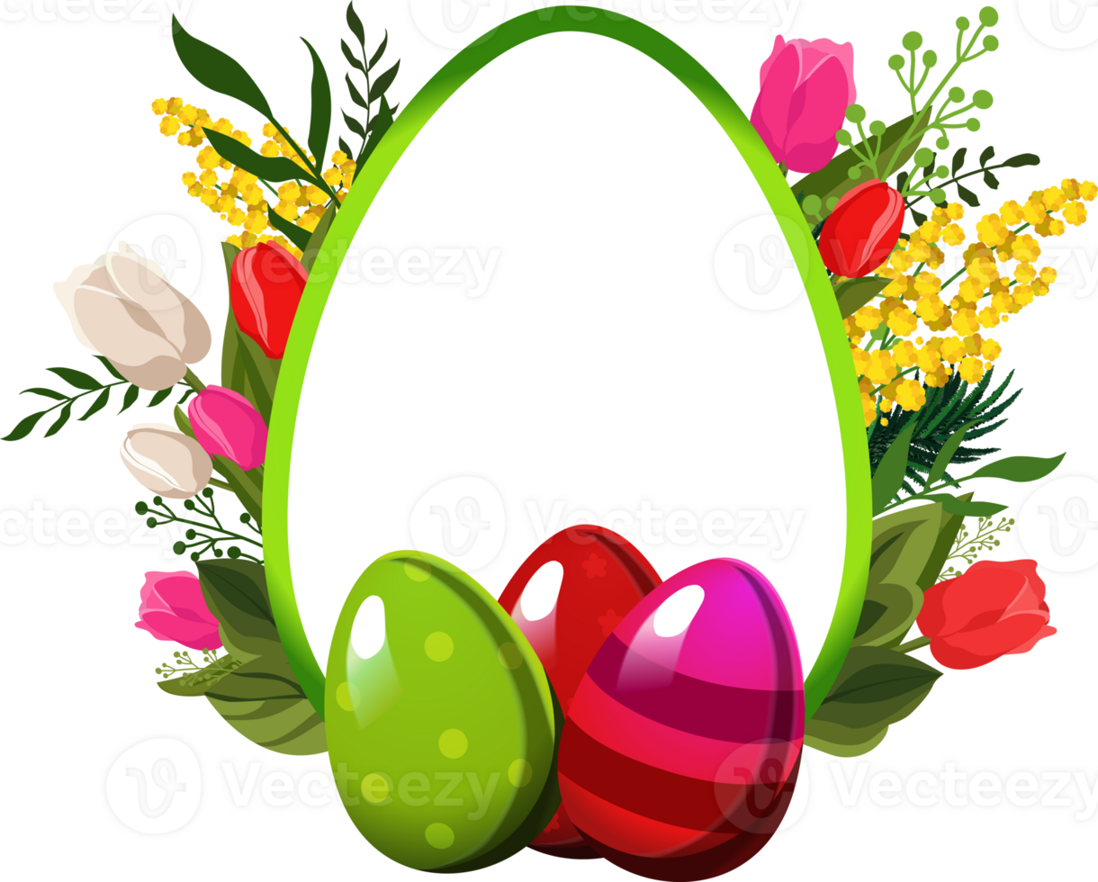 Easter egg frame with red and green eggs and with leaves, mimosa and tulips on background. Illustration in flat style. Spring clipart for words, text, design of card, banner, flyer, sale, poster png