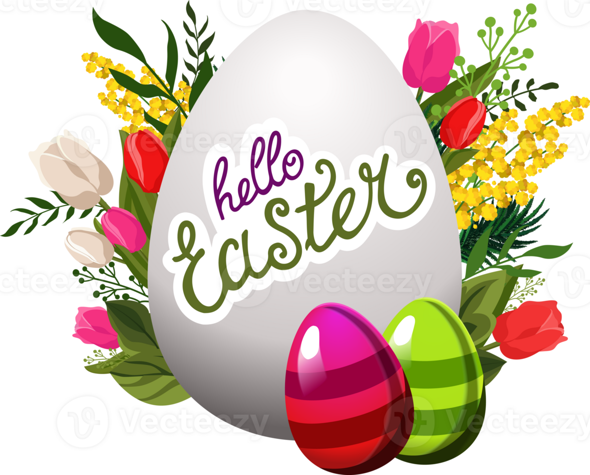 white egg frame with text Hello Easter and with green leaves, mimosa and tulips on background. Illustration in flat style with red and green eggs. Spring clipart for design of card, banner, flyer png