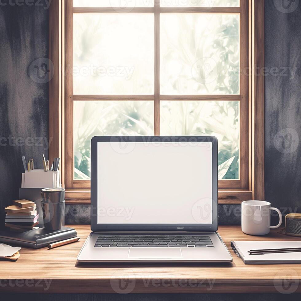 AI generated Productivity scene Desk with laptop, blank screen, coffee, and stationery For Social Media Post Size photo