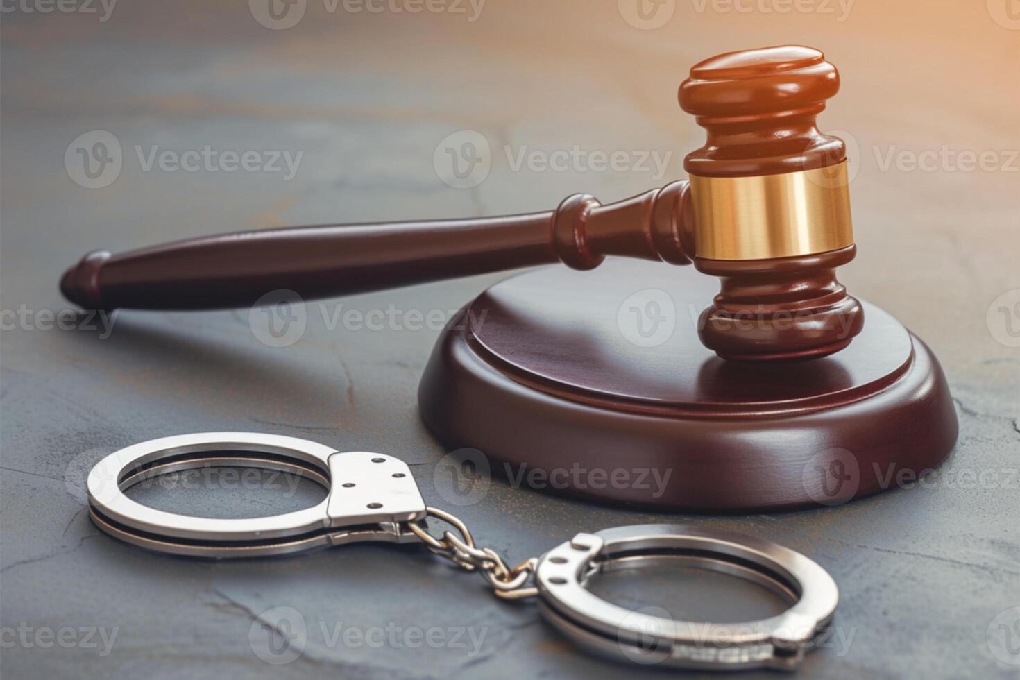 AI generated Photo Court trial theme Gavel, handcuffs, and legal elements on table