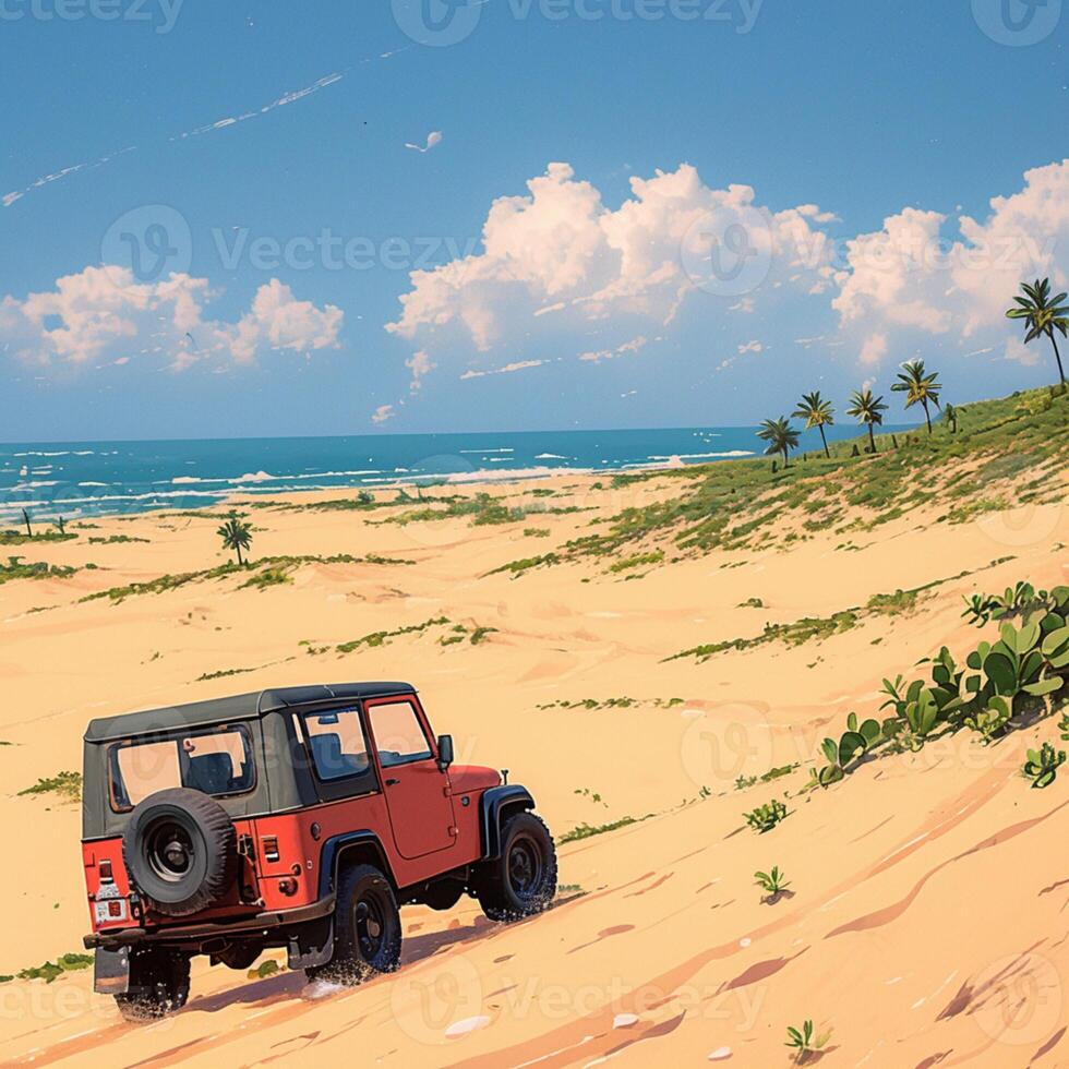 AI generated Mui Ne attraction Popular tourist destination featuring a Jeep car For Social Media Post Size photo