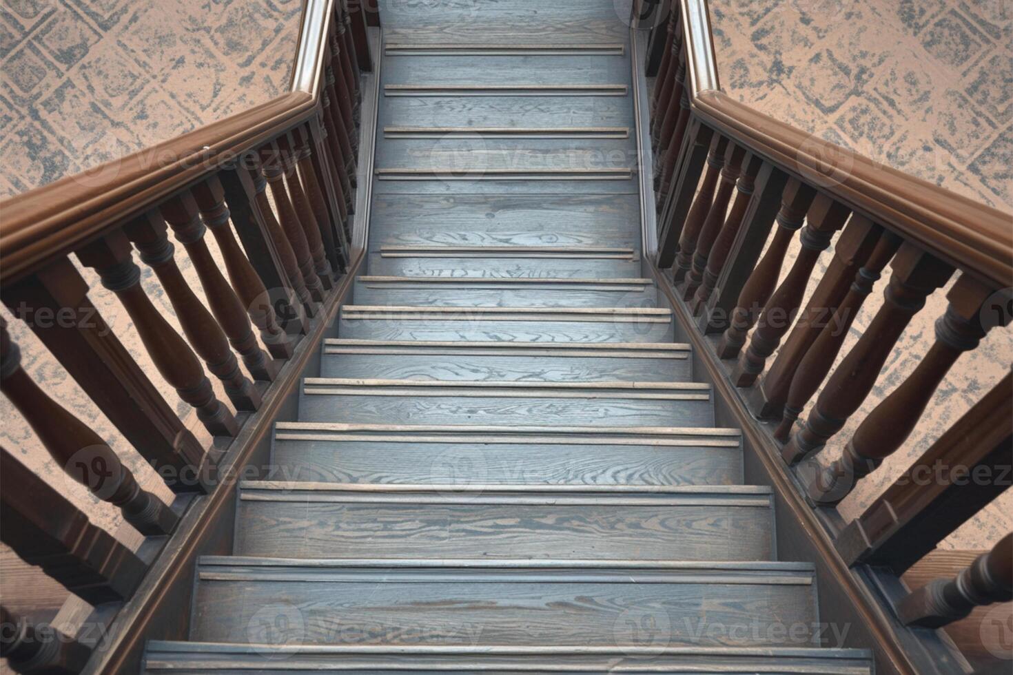 ai generado marrón escalera desciende con intrincado barandillas en suave natural ligero foto