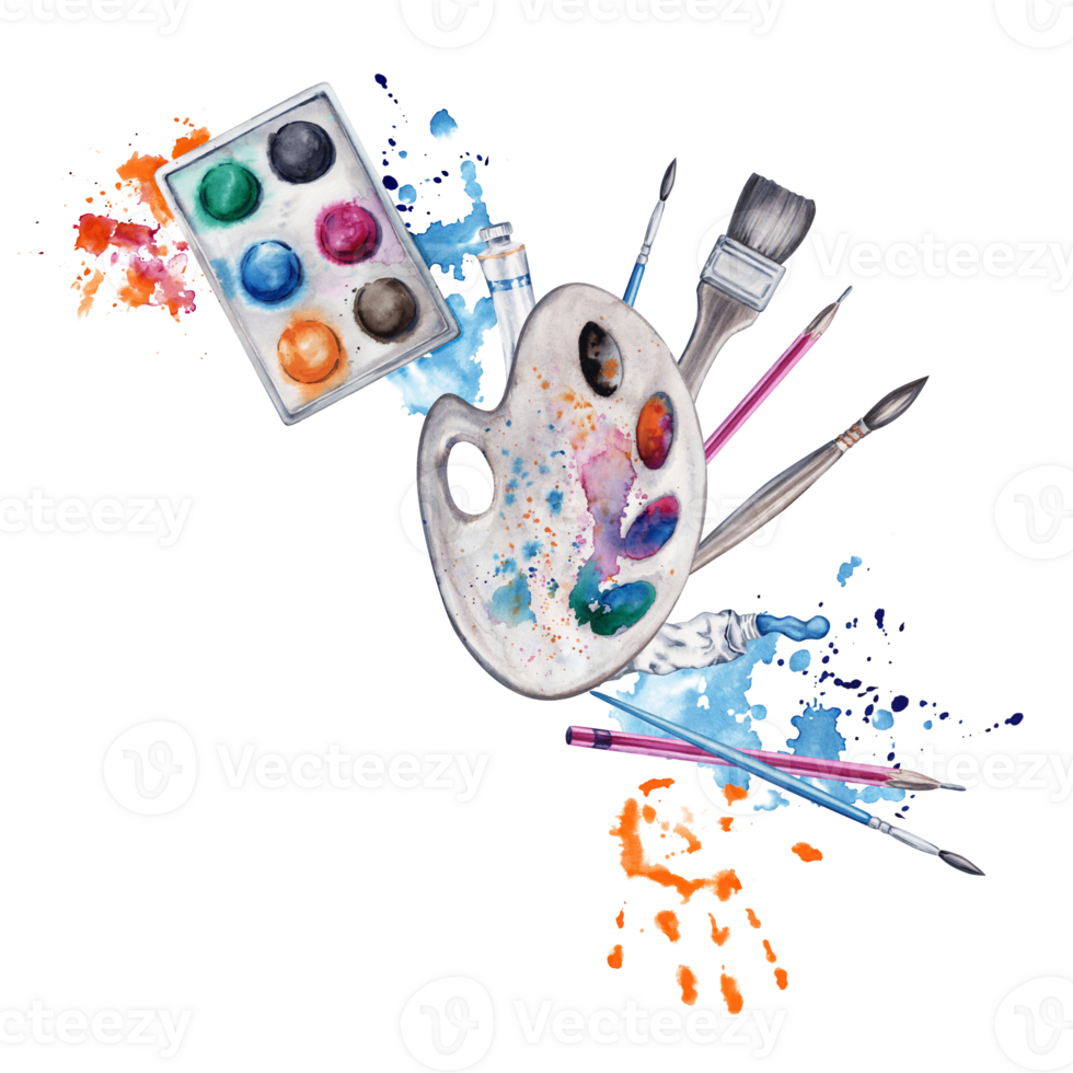 Paint and brushes composition with artist pallete, handprint and colorful splatter. Watercolor illustration on transparent  background. Artistic design for art classes, stores, flyers, lessons, card png