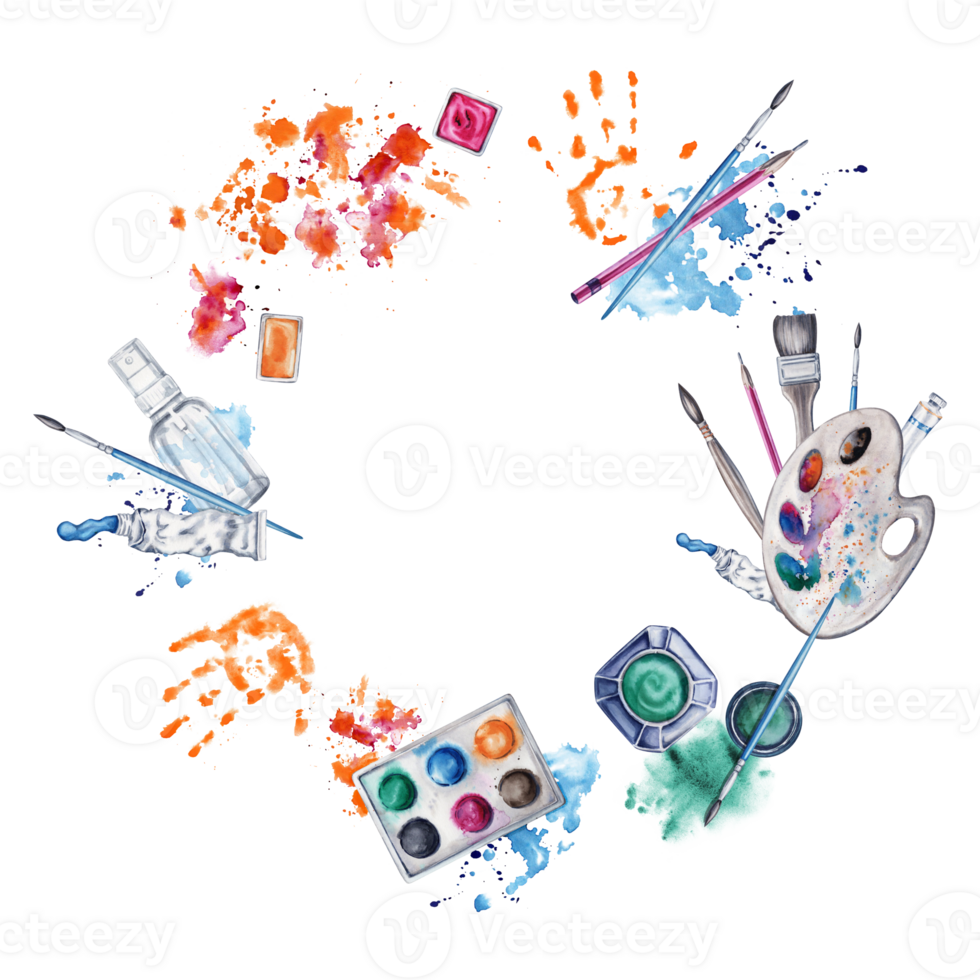 Paint and brushes round wreath with artist pallete, handprints and colorful splatter. Watercolor illustration on transparent background. Artistic surface design for wallpaper, cover pages, card png