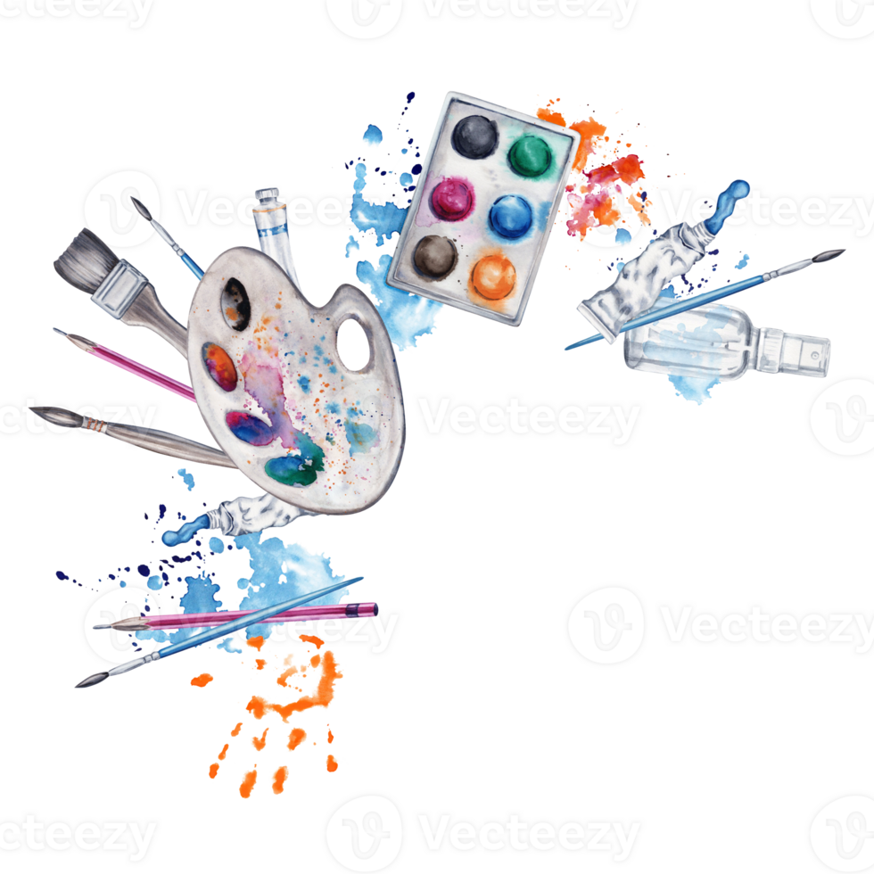 Paint and brushes composition with artist pallete, handprint and colorful splatter. Watercolor illustration on transparent background. Artistic design for art classes, stores, flyers, lessons, card png