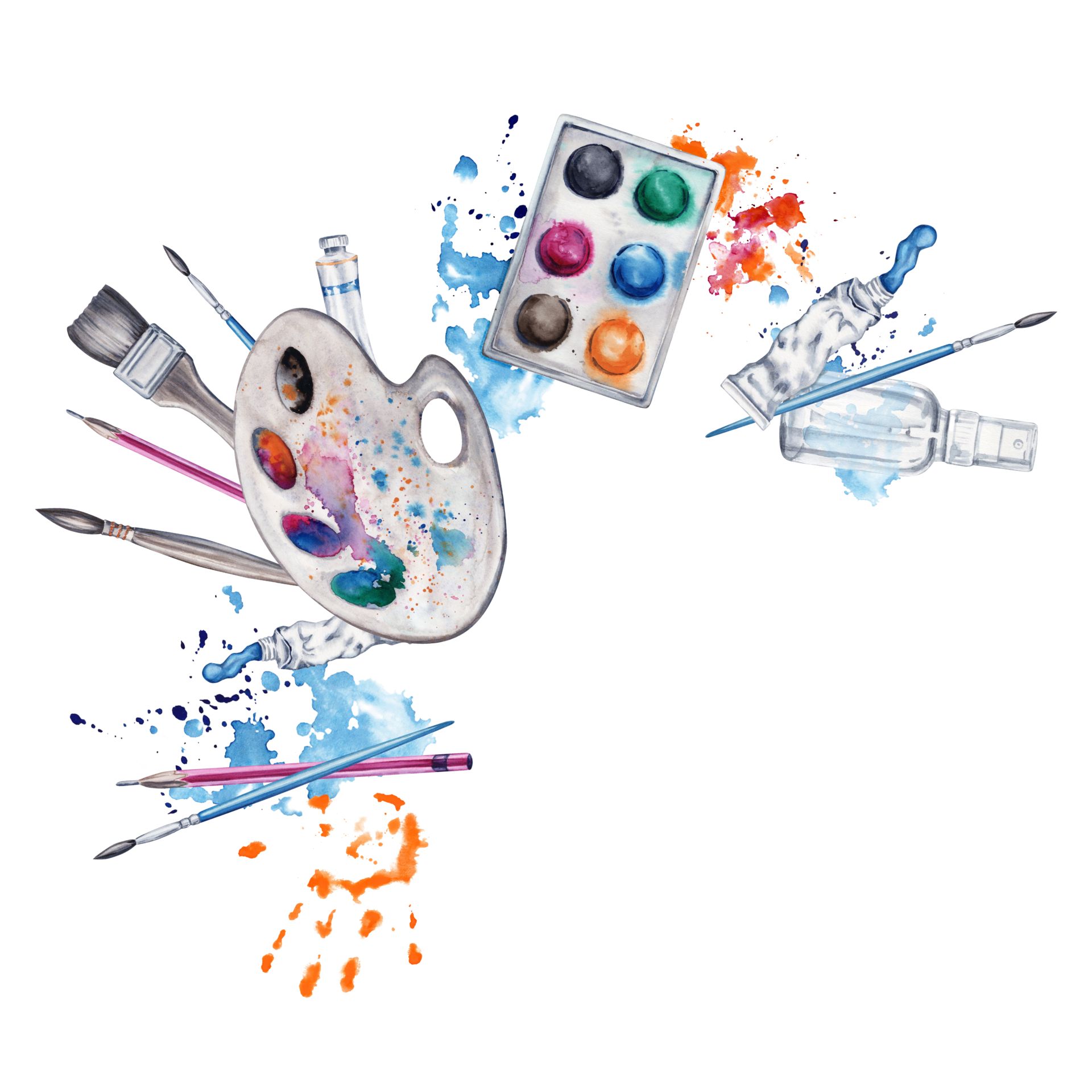 Paint And Brushes Composition With Artist Pallete Handprint And paint-and-brushes-composition-with-artist-pallete-handprint-and