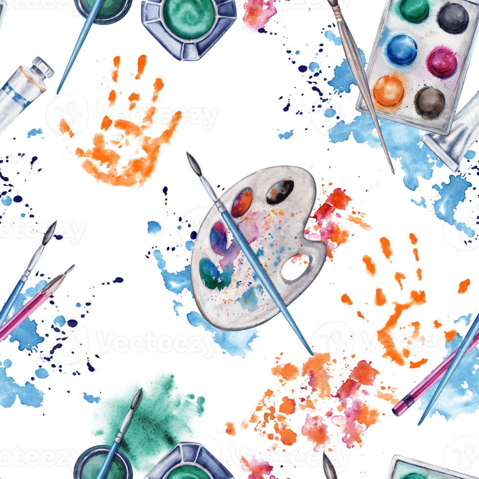 Paint and brushes seamless pattern with artist pallete, handprints and colorful splatter. Watercolor illustration on transparent background. Artistic surface design for wallpaper, cover pages, card png