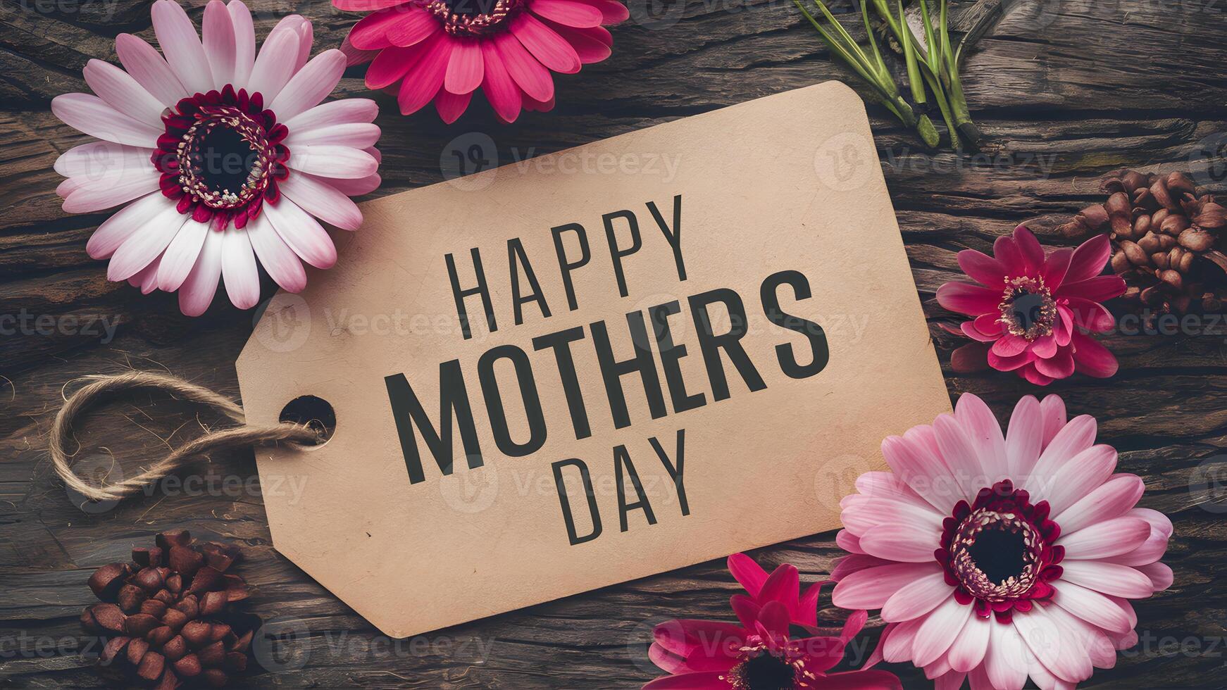 AI generated Image Rustic wood background with happy Mothers Day tag, pink flowers photo