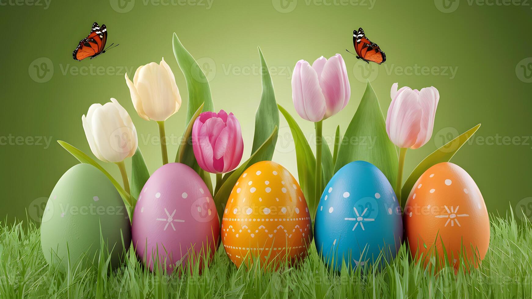 AI generated StockImage Easter background with colorful eggs, spring tulips, butterflies photo