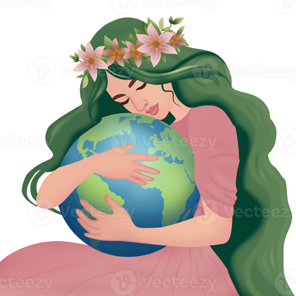 Illustration of Mother Earth's Day characters. A woman protects the earth. Nature concept png