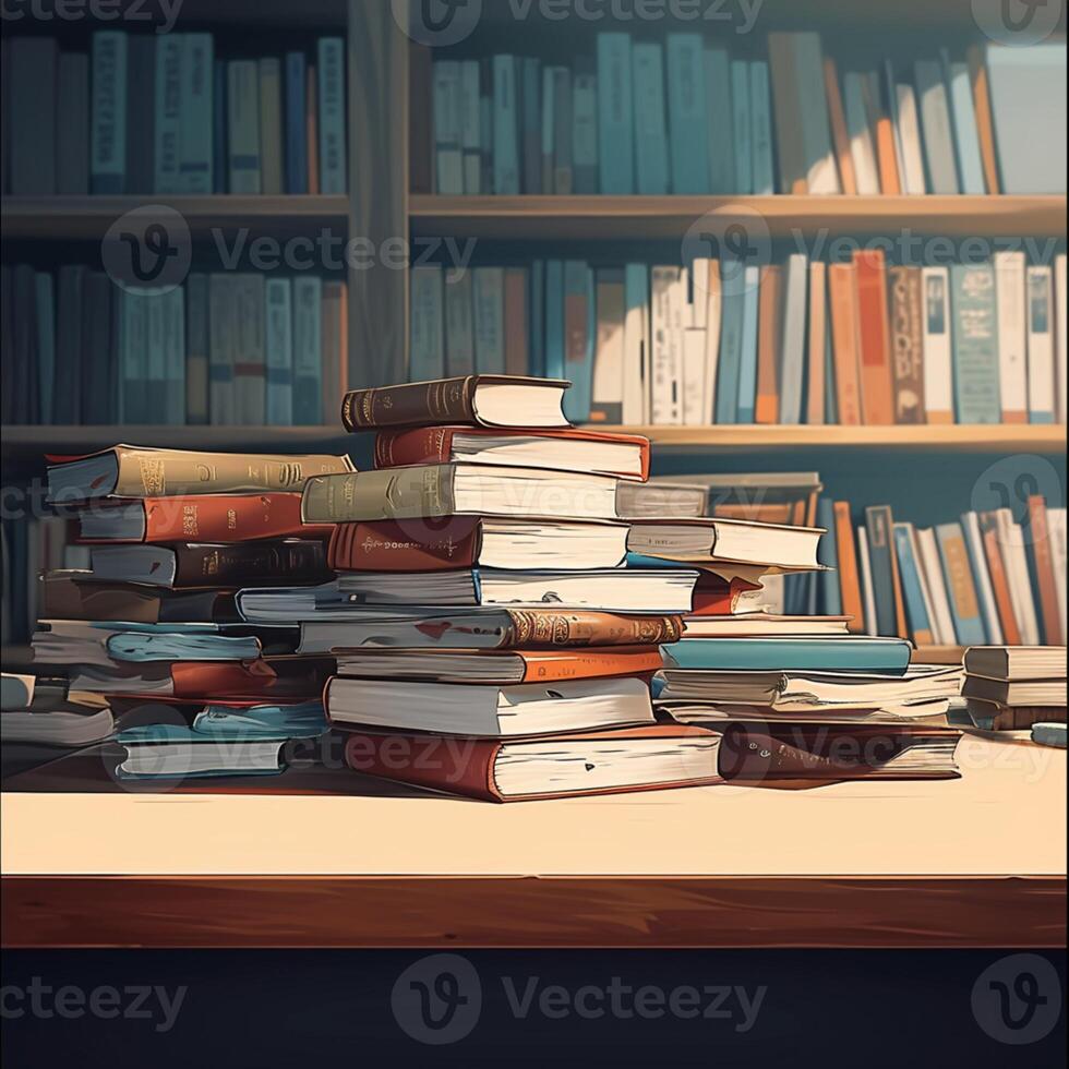 AI generated Literary space A pile of books on the table, copy For Social Media Post Size photo