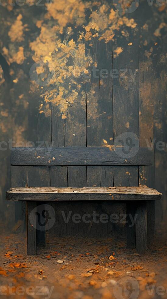 AI generated Weathered charm A rustic, aged wooden bench in serene simplicity Vertical Mobile Wallpaper photo