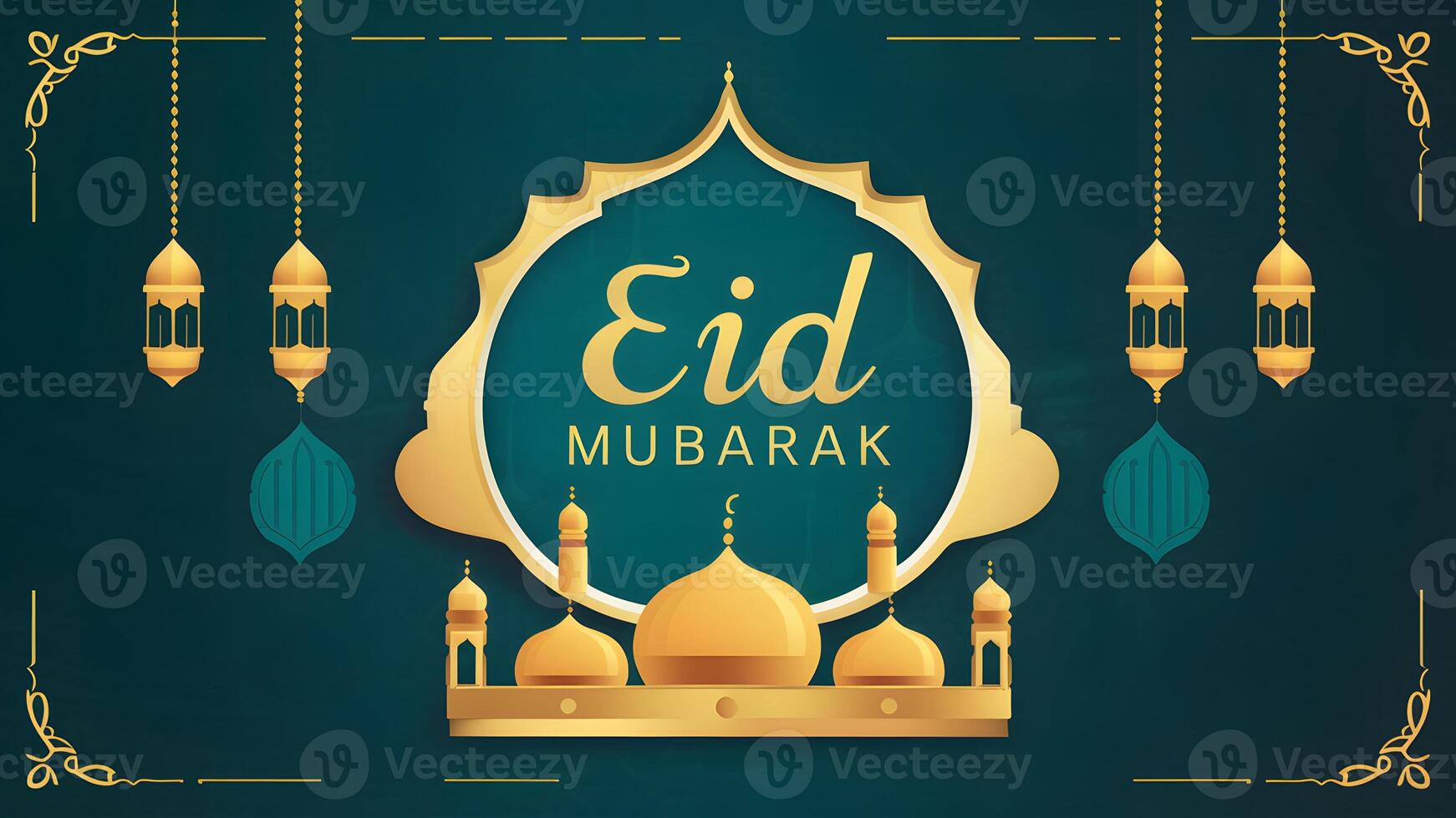 AI generated Islamic Eid poster design exuding warmth with Eid Mubarak greeting photo