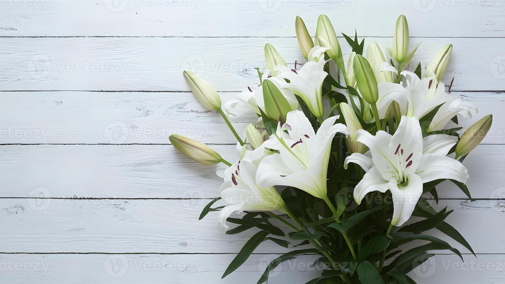 AI generated Bouquet of white lilies on white wooden background top view photo