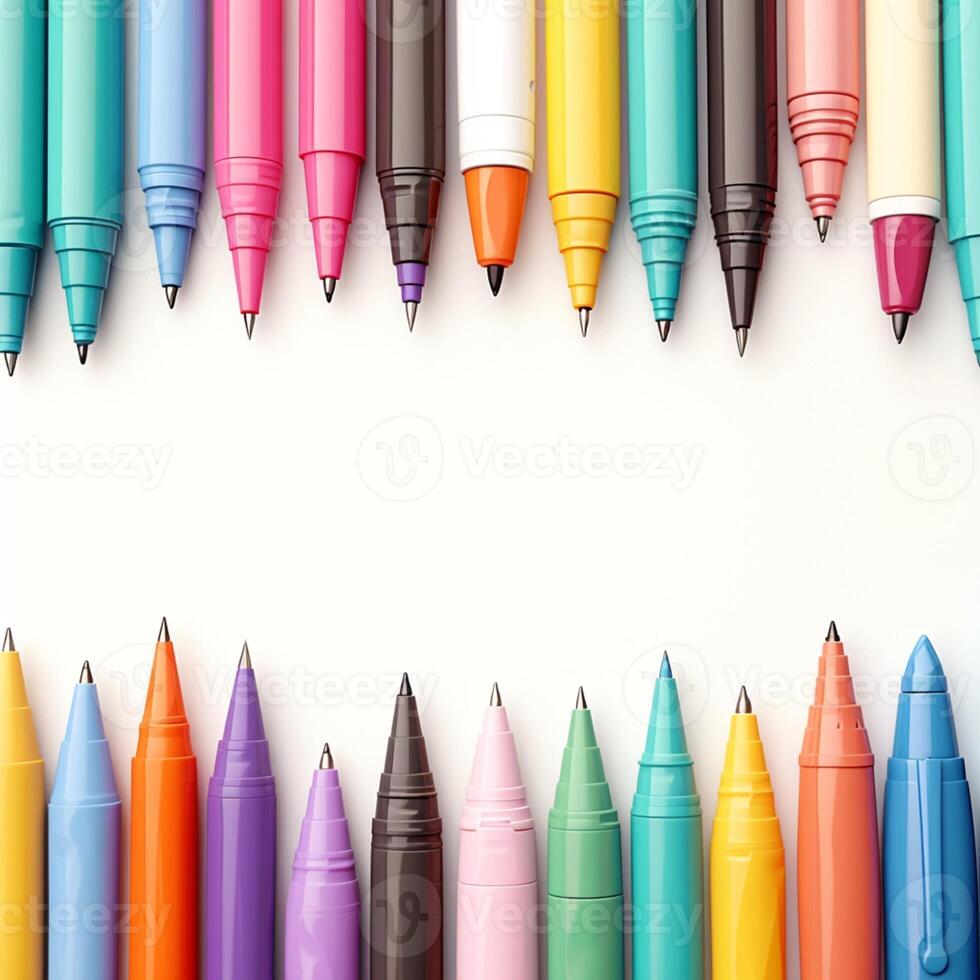 AI generated Vivid creativity Colorful pens on white background with space For Social Media Post Size photo