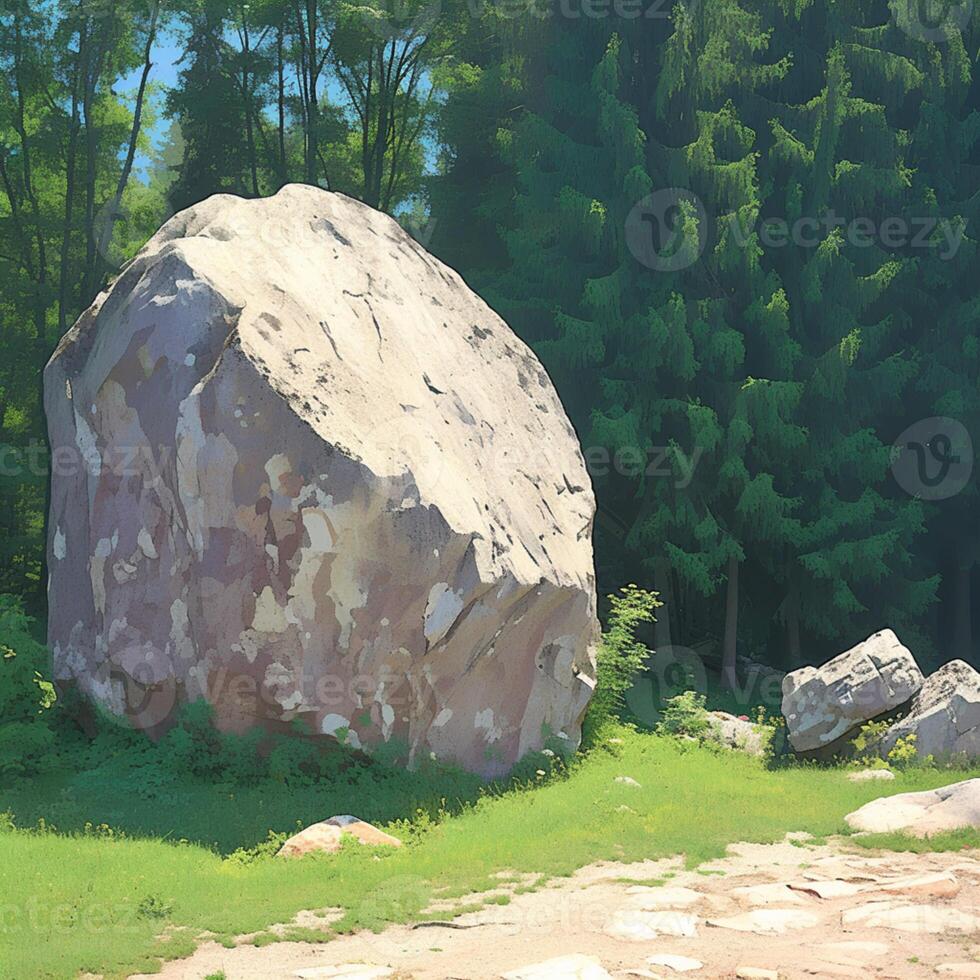 AI generated Solid gray boulder contrasts against green trees in a natural setting For Social Media Post Size photo