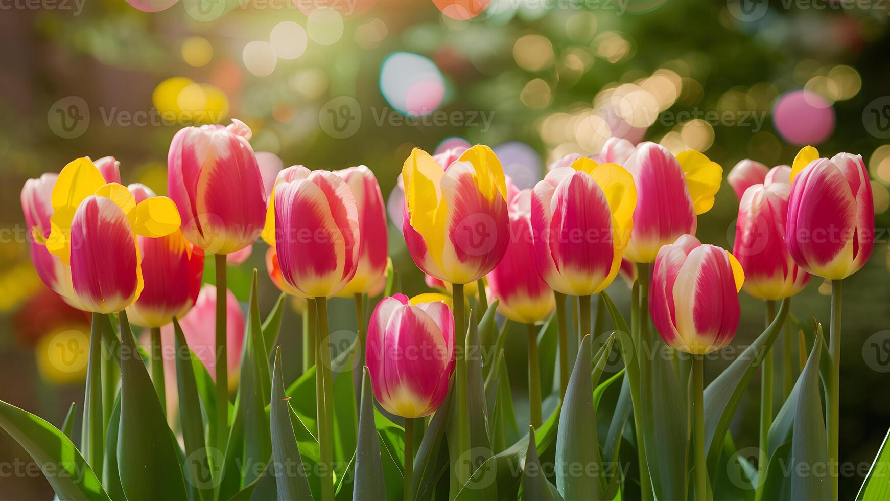 AI generated Bright spring tulips create floral background with captivating bokeh photo