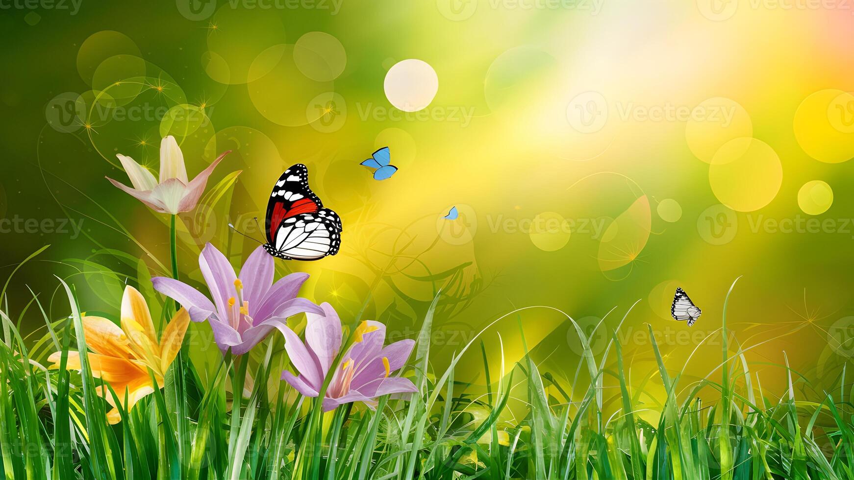 AI generated Abstract nature spring background with flower and butterfly art photo