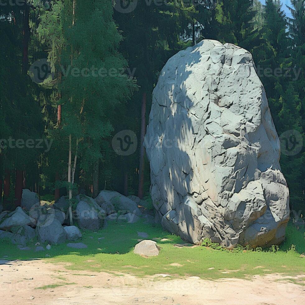 AI generated Giant gray stone boulder rests beside a column amidst green trees For Social Media Post Size photo