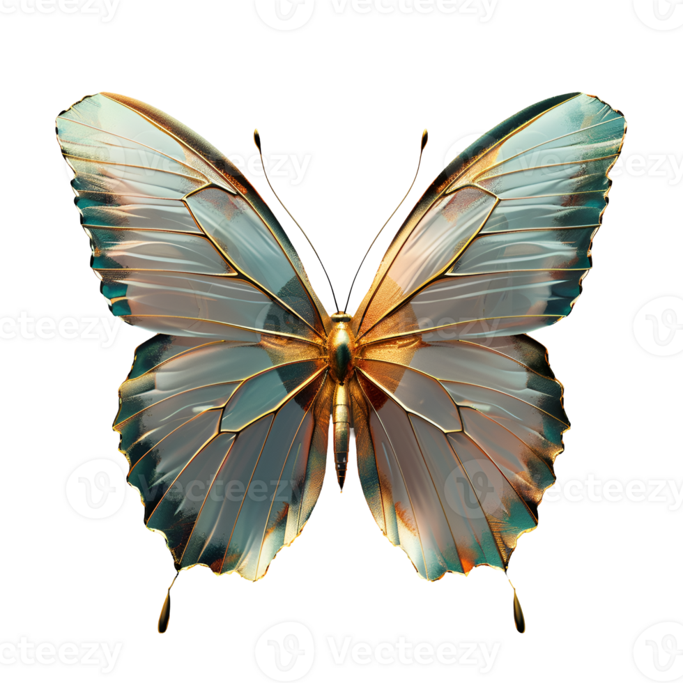 ai generiert ein hell Schmetterling mit durchscheinend Flügel und Gold Einsätze, isoliert auf ein transparent Hintergrund, oben Aussicht png