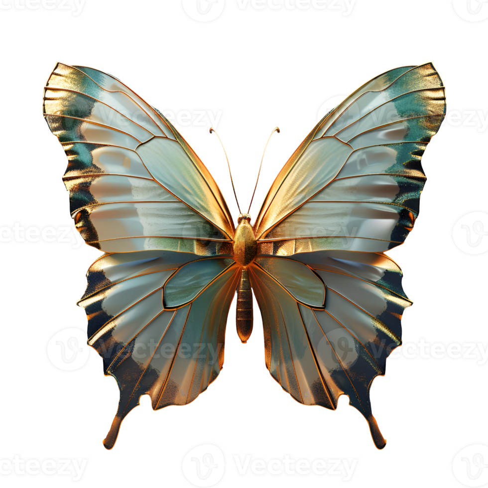 AI generated A bright butterfly with translucent wings and gold inserts, isolated on a transparent background, top view png