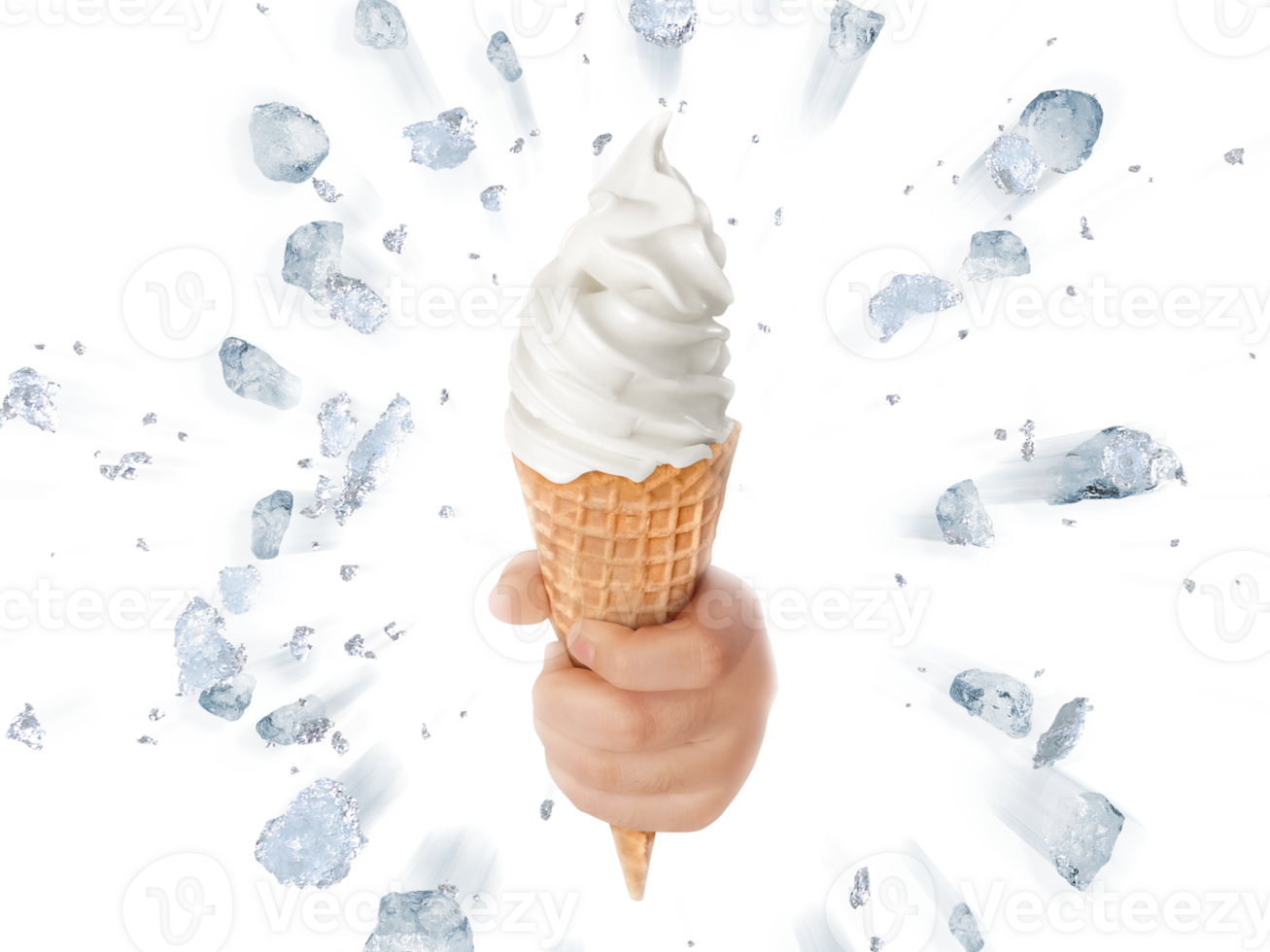 Soft ice cream in hand on background of broken ice PNG transparent