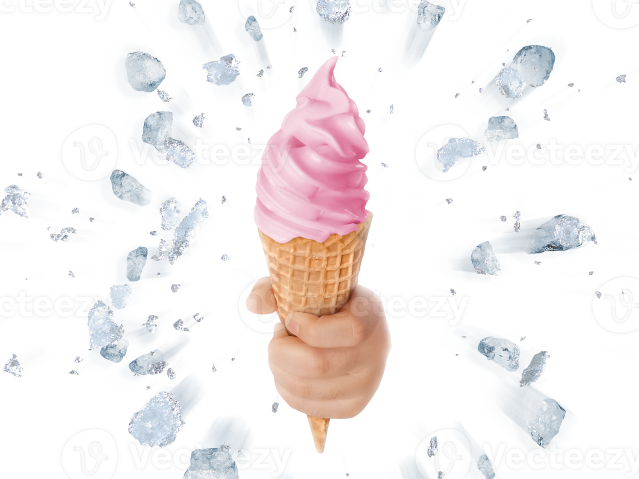Soft ice cream in hand on background of broken ice PNG transparent