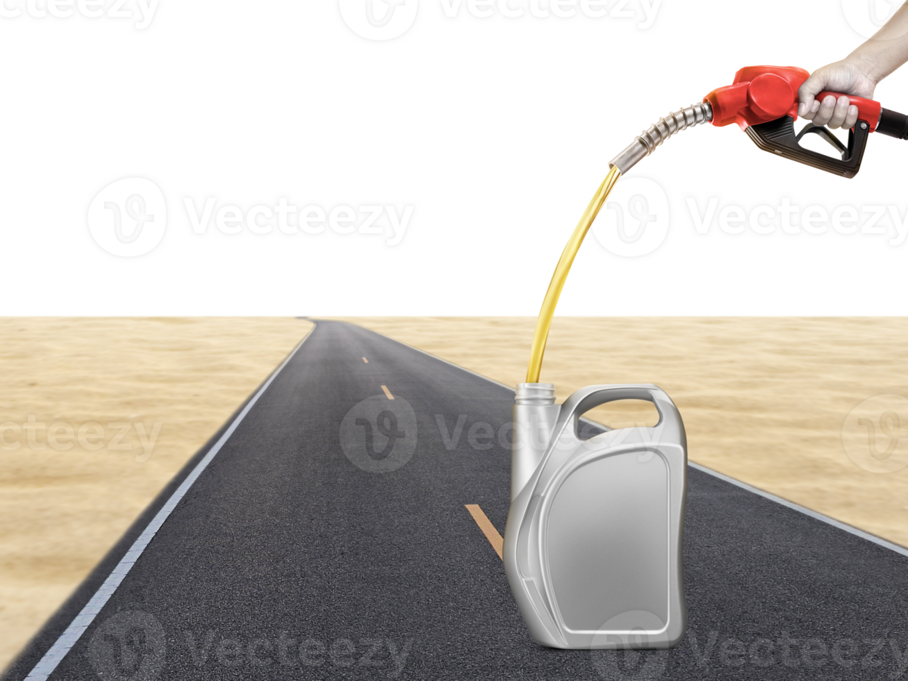 Hold the gasoline injector into the gallon. There are road and desert backgrounds. PNG transparent