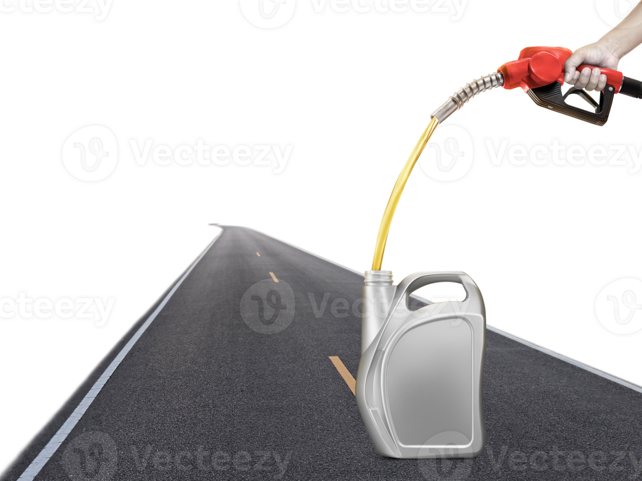 Holding a gasoline injector into a gallon with a road background PNG transparent