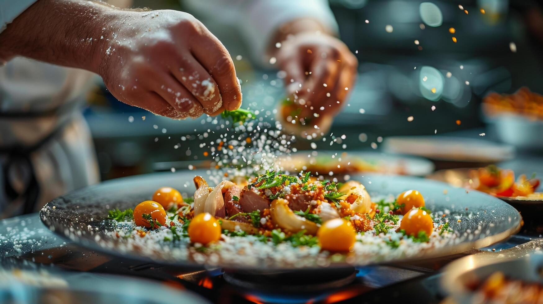 AI generated Person Sprinkling Seasoning on Plate of Food photo