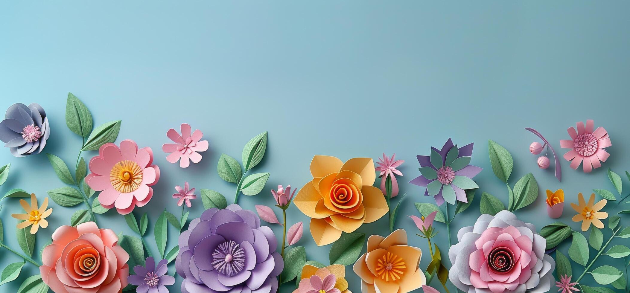 AI generated Paper Flowers on Blue Background photo