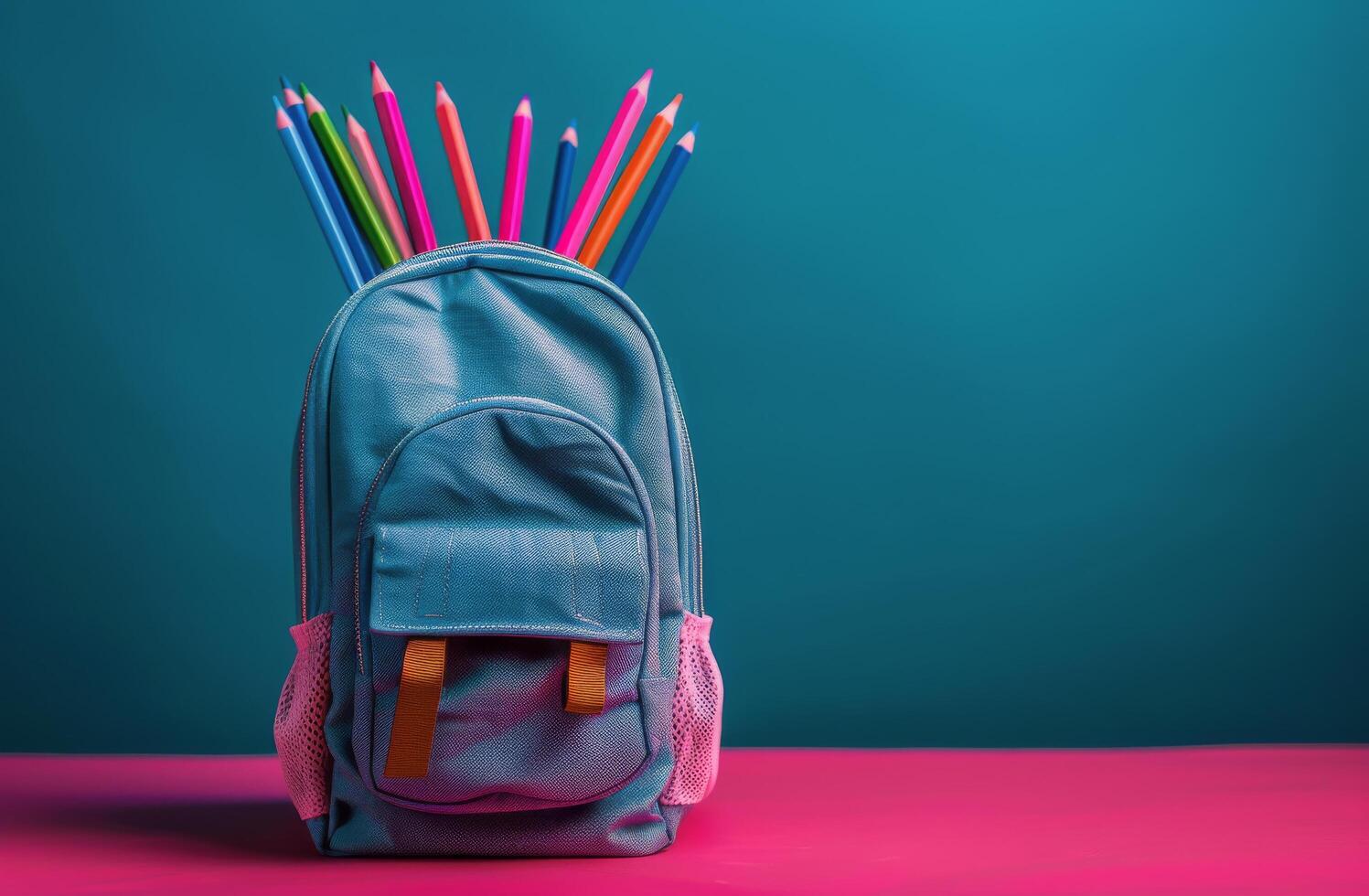 AI generated Blue Backpack With Colored Pencils photo