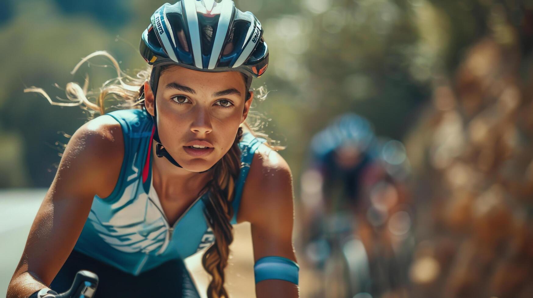 ai generado mujer montando bicicleta mediante lozano verde bosque foto