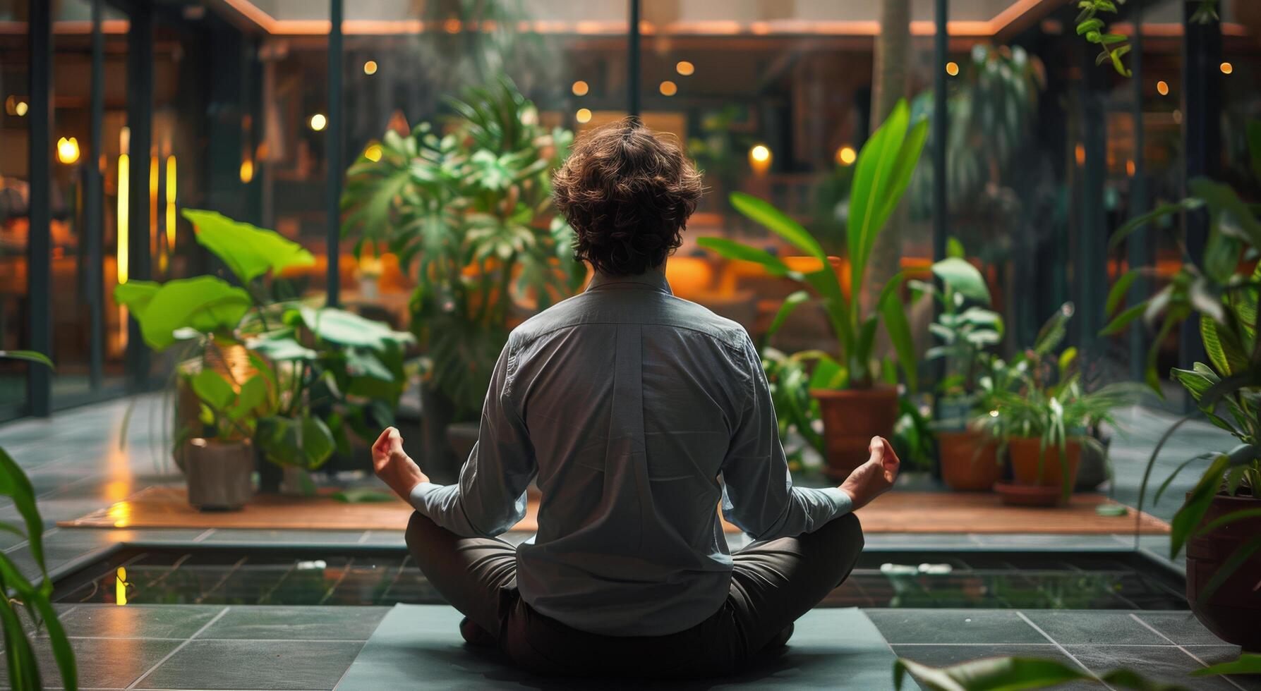 AI generated Man Sitting in Lotus Position in Front of Building photo