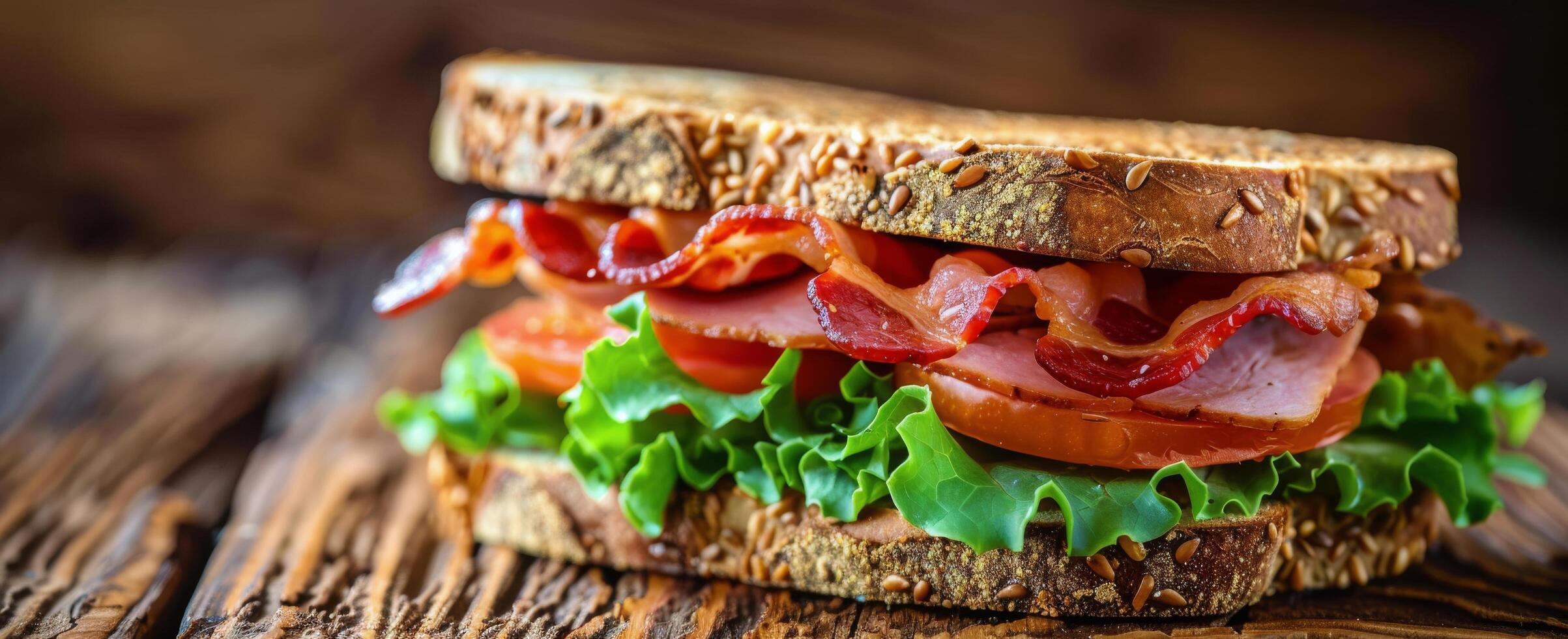 ai generado tocino lechuga tomate emparedado en de madera tablero foto