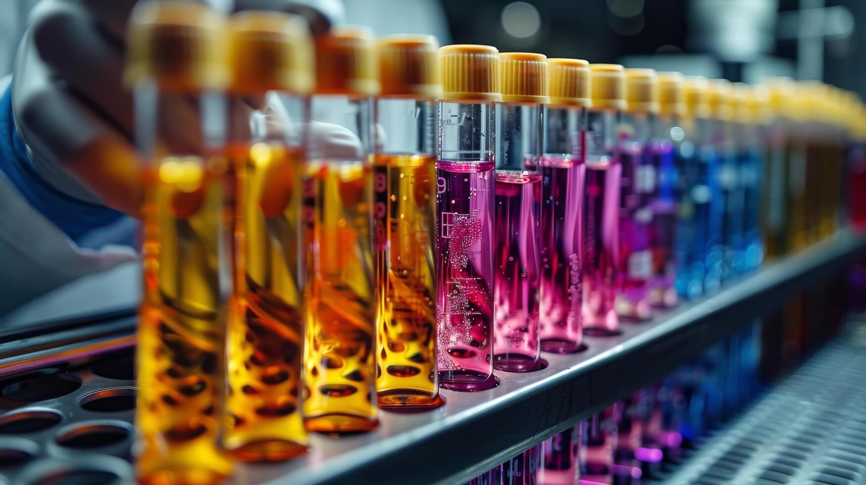 AI generated Row Of Test Tubes Filled With Colored Liquids photo