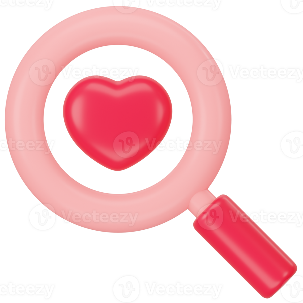 Magnifying glass with red heart 3d icon rendering png