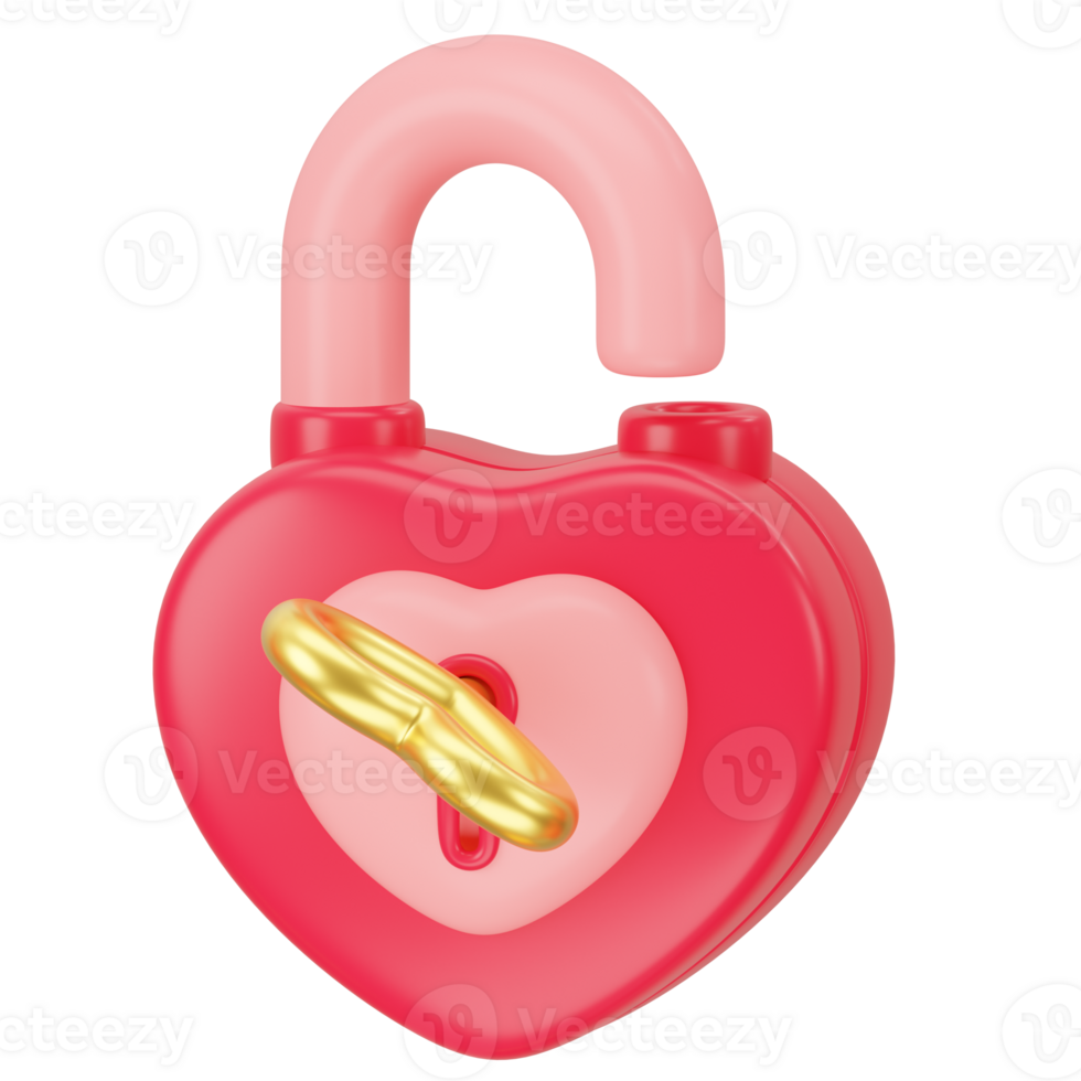 Opened Heart shaped padlock with gold keyhole. 3d icon rendering png