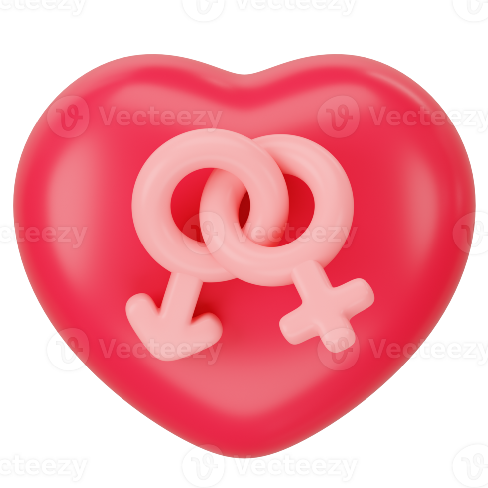 Red heart with male and female 3d icon rendering png