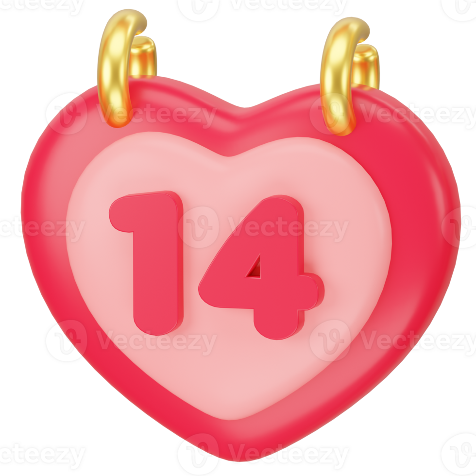 Daily calendar with date 14. Number in red on a pink heart 3d icon rendering png