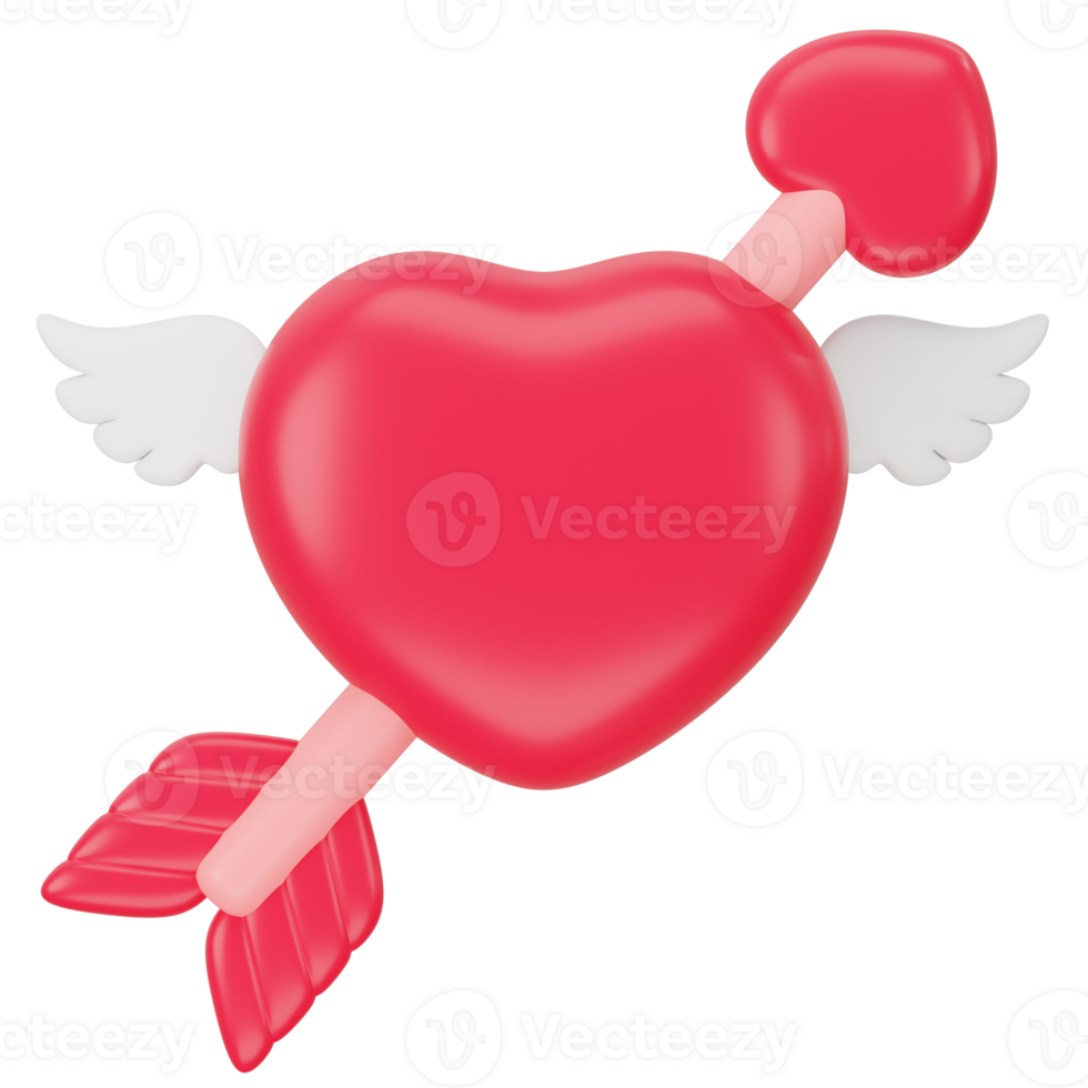 Heart with wings and heart arrow  3d icon rendering png